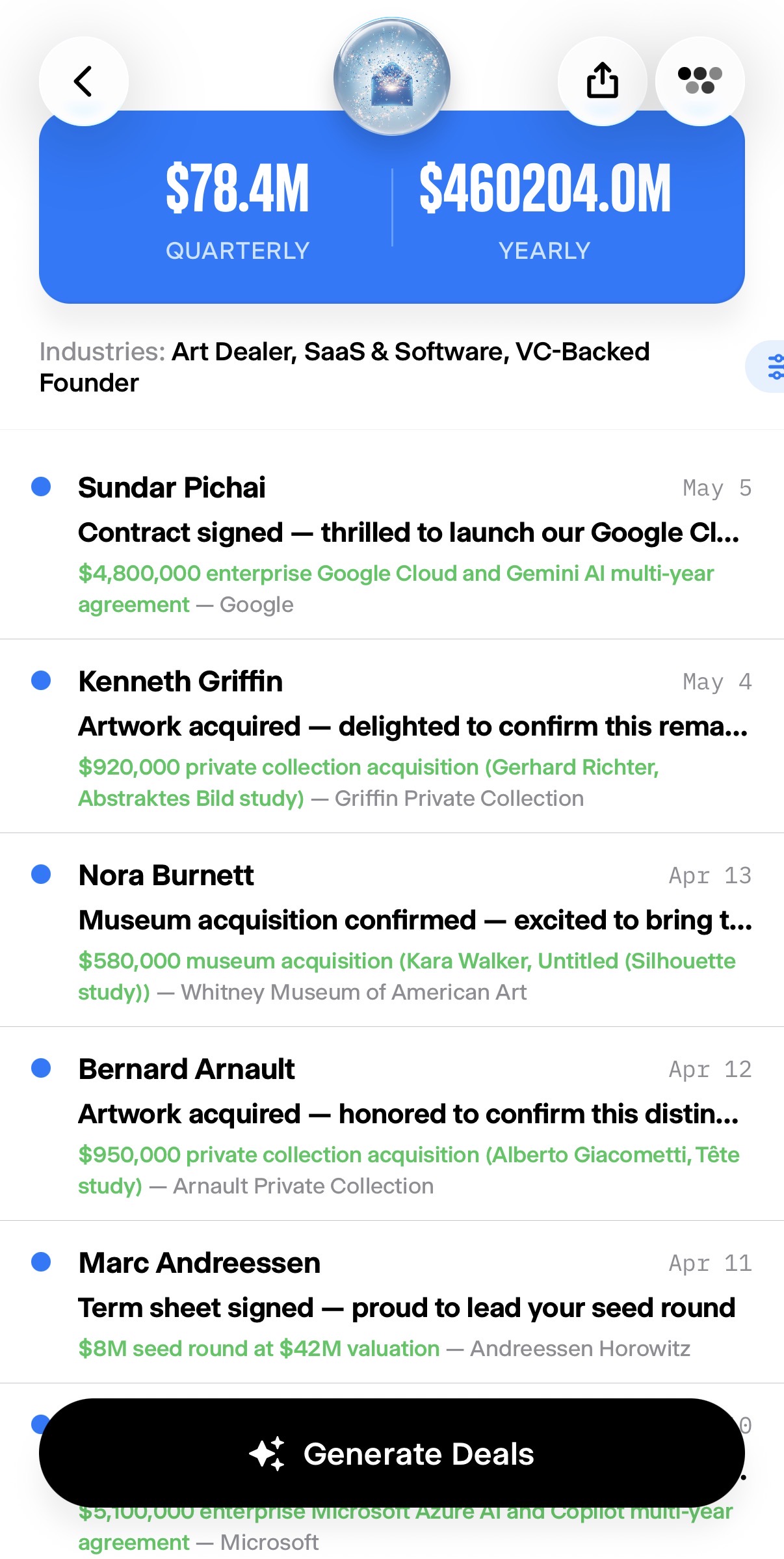 Deal Dopamine Boost — main feed of AI-generated 'deal closed' notifications.