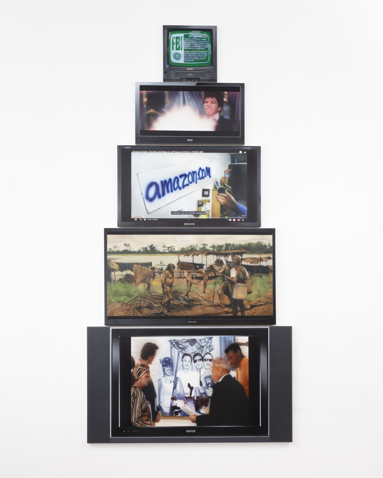 Mario Ayala, untitled TV-stack painting — five stacked televisions showing FBI warning, Hollywood-style scene, Amazon.com browser, jungle/cartel scene, and a domestic interior, layered as an exquisite corpse.