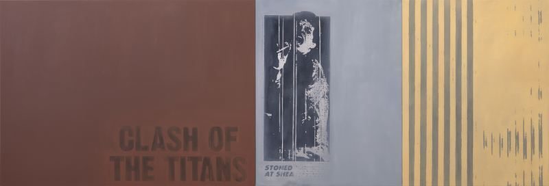 Matt McCormick, Clash Of The Titans, 2024. Oil on canvas, 60 × 180 in (152.4 × 457.2 cm), triptych.