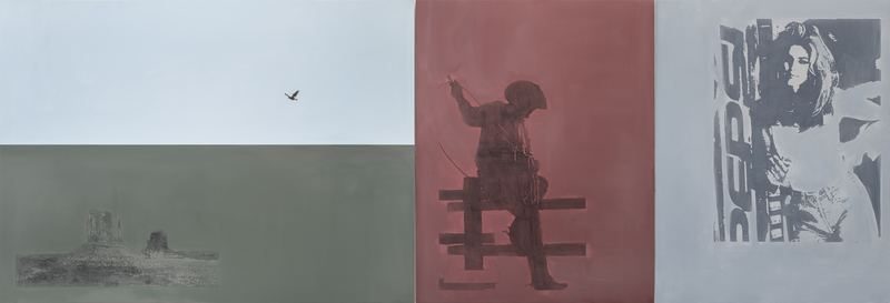 Matt McCormick, I Will Try To Understand, 2024. Oil on canvas, 60 × 180 in (152.4 × 457.2 cm), triptych.