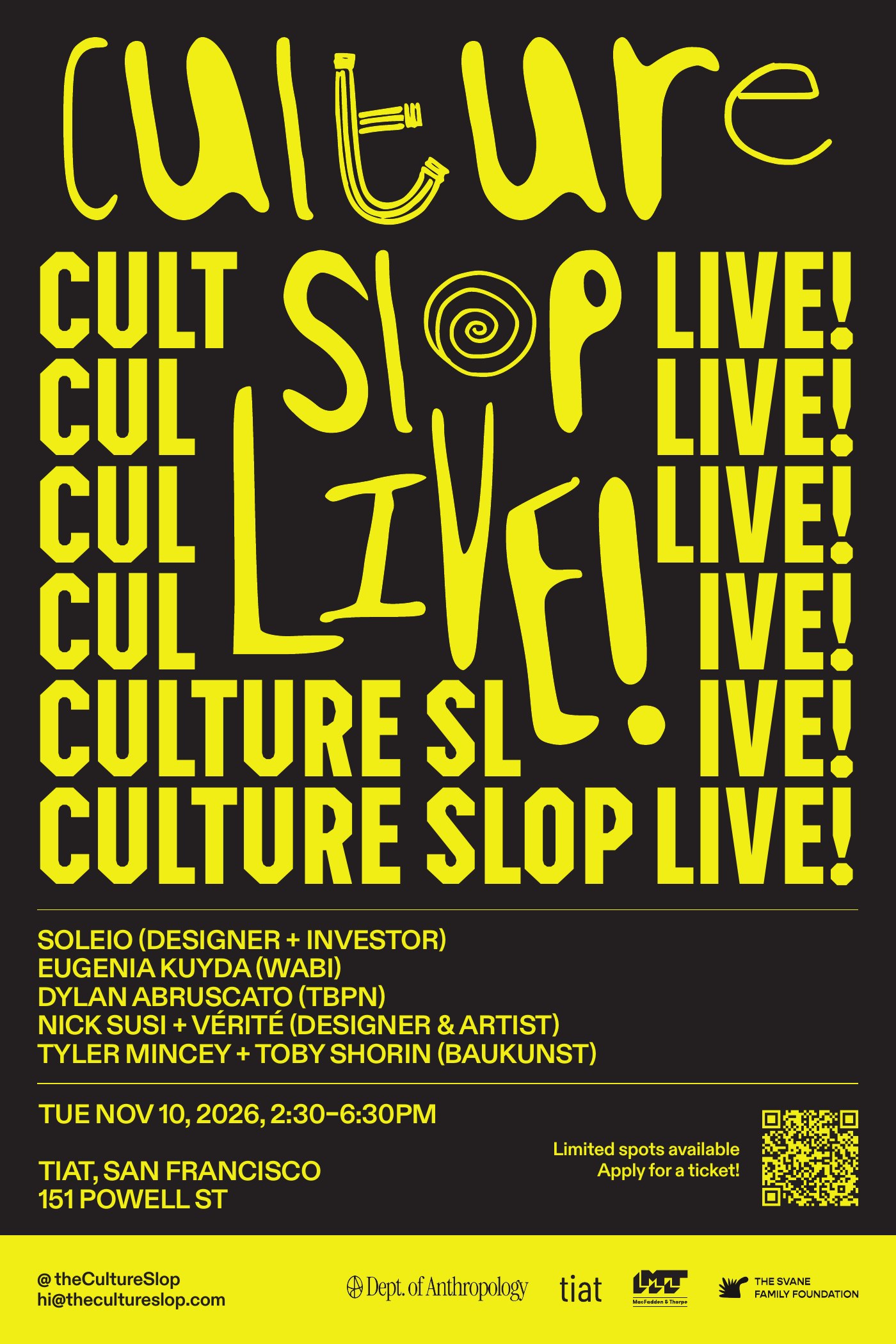 Culture Slop Live! — Tuesday November 10, TIAT, San Francisco