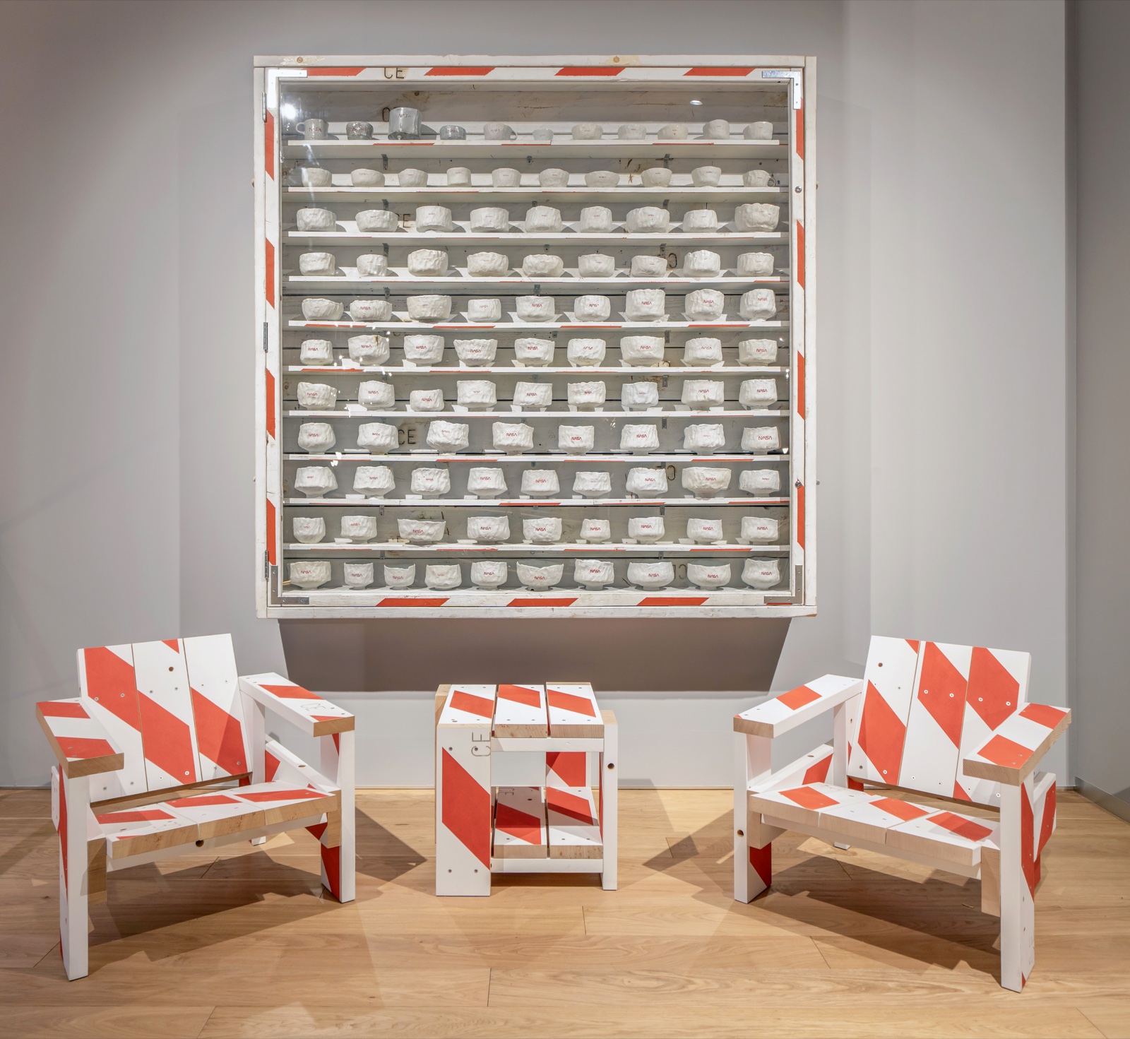 Tom Sachs, Large Chawan Cabinet (2014) with Crate Chairs and Crate Table (2025). Installation view, Magic House, Tokyo.